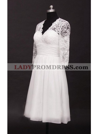 2023 A Line Cheap V Neck Long Sleeves Chiffon Knee Length Short Lace Wedding Dresses
