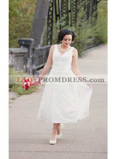 2023 Cheap A Line V Neck Lace Tea Length Classic Short Wedding Dresses