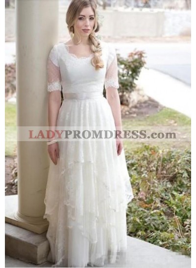 2023 Classic A Line Round Neck Half Sleeves Lace Layered Lace Up Back Beach Wedding Dresses