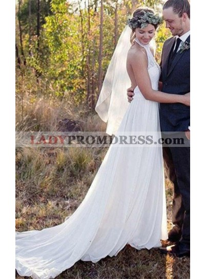 2023 Elegant A Line Chiffon High Neck Lace Backless Beach Wedding Dresses
