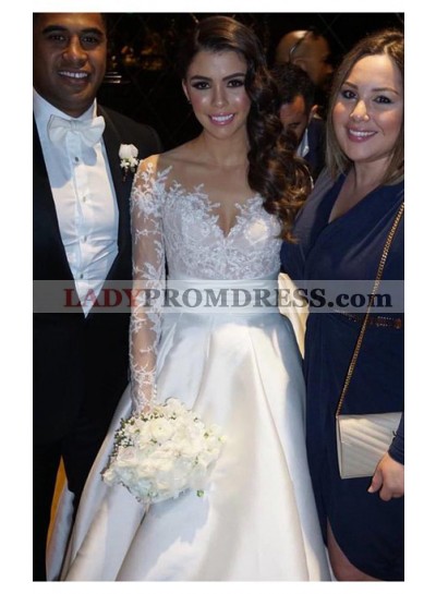 2023 Elegant Satin A Line Long Sleeves Sweetheart Long Wedding Dresses With Applique