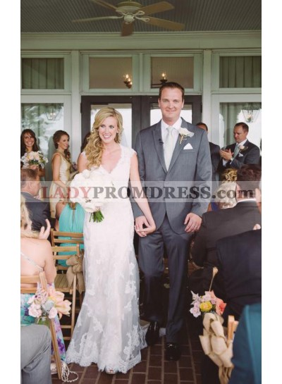 2023 New Arrival Sheath V Neck Capped Sleeves Backless Lace Wedding Dresses