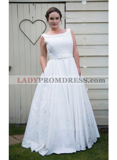 Classic A Line White Bateau Lace Bowknot Belt Floor Length Wedding Dresses 2023