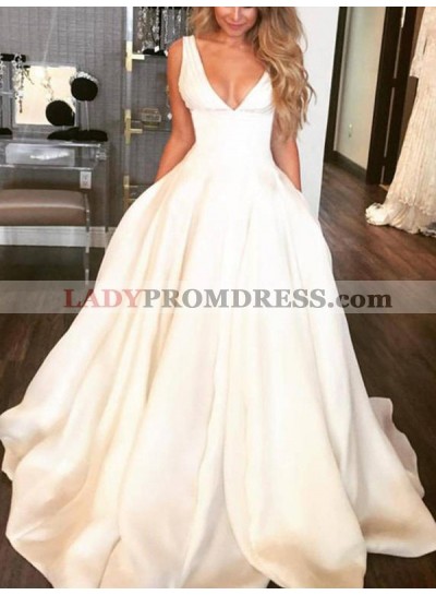 Charming A Line Satin Deep V Neck Long Ivory Wedding Dresses 2023
