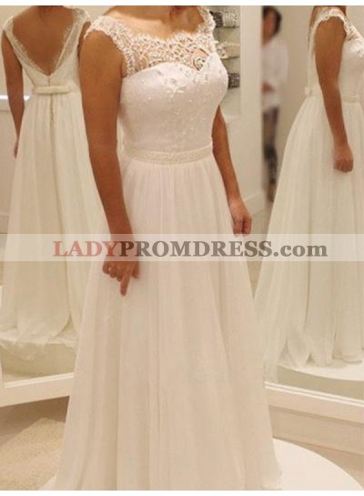 2023 Cheap A Line Round Neck Backless Bowknot Belt Chiffon Beach Wedding Dresses