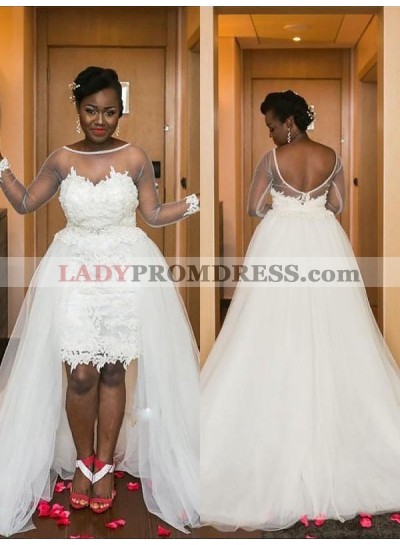 2023 A Line High Low See Through Long Sleeves Tulle Short Sweetheart Plus Size Wedding Dresses