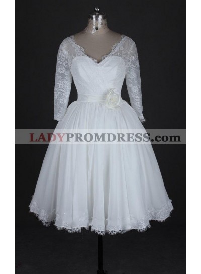 2023 Cheap A Line Chiffon V Neck Knee Length Lace Long Sleeves Short Wedding Dresses