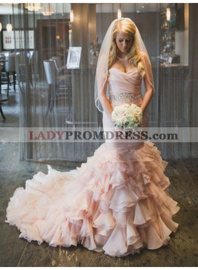 2023 Luxury Mermaid Sweetheart Organza Long Lace Up Pink Layered Wedding Dresses 