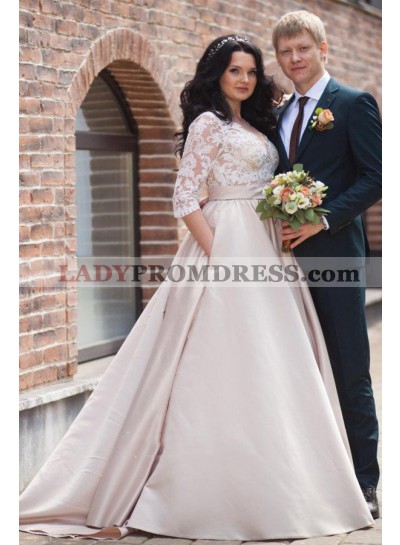 2023 Cheap A Line Satin Champagne Long Sleeves Sweetheart Lace Plus Size Wedding Dresses