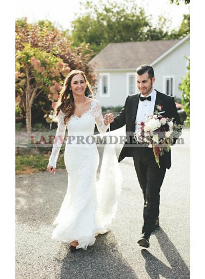 2023 Charming Mermaid V Neck Lace Long Sleeves Backless Wedding Dresses