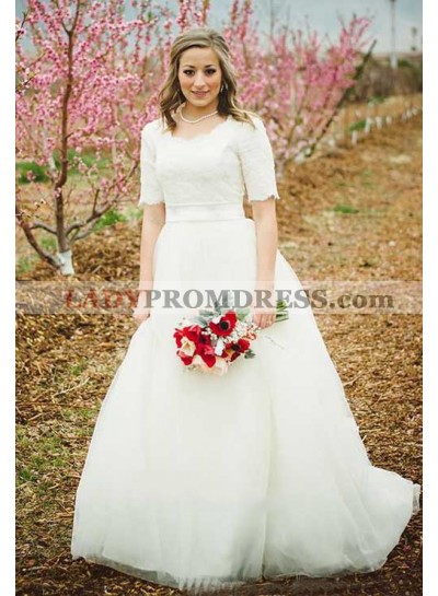 2023 Classic A Line Round Neck Ivory Tulle Short Sleeves Lace Wedding Dresses