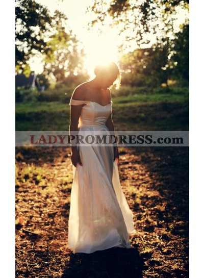 2023 Cheap A Line Off Shoulder Sweetheart Elastic Satin Floor Length Outdoor Wedding Dresses