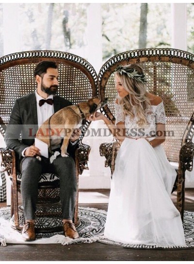 2023 New Designer A Line Two Pieces Off Shoulder Lace Short Sleeves Beach Wedding Dresses
