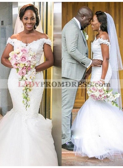 Charming Mermaid Off Shoulder Sweetheart Tulle African American Long Wedding Dresses With Beads 2023