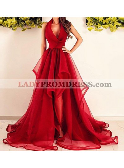 2023 V-Neck A-Line/Princess Sleeveless Ruffles Halter Organza Asymmetrical Prom Dresses