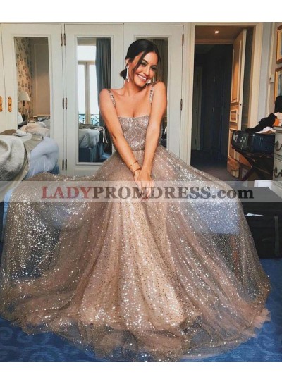 2023 Shiny A Line Sequence Long Prom Dresses With Straps 