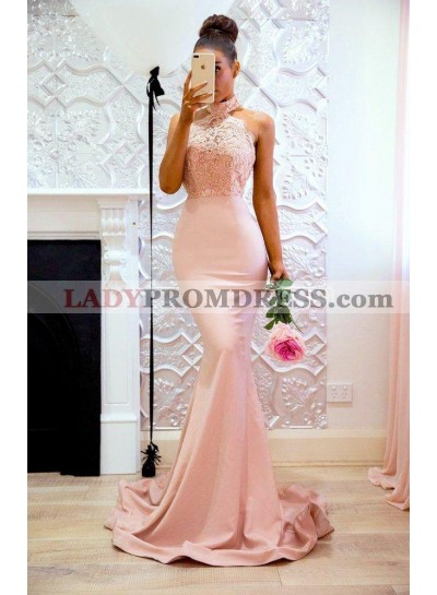 2023 Sexy Mermaid Pink High Neck Backless Satin Long Prom Dresses With Appliques