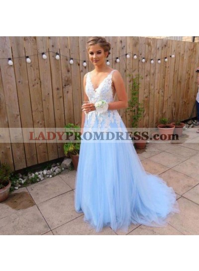 Elegant A Line Tulle Blue And White Appliques V Neck Long Prom Dresses 2023
