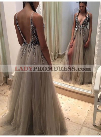Sexy A Line Tulle Backless V Neck Gray Beaded Side Slit Long Prom Dresses 2023