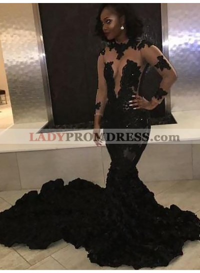 Sexy Black Mermaid See Through Long Train Long Sleeves Ruffles Prom Dresses 2023