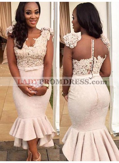 2023 Newly Mermaid Pearl Pink Tea Length Lace Ruffles Pleated Short Prom Dresses