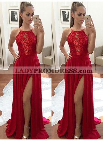 Charming Red A Line Elastic Satin Side Slit Halter Lace Backless Prom Dresses 2023