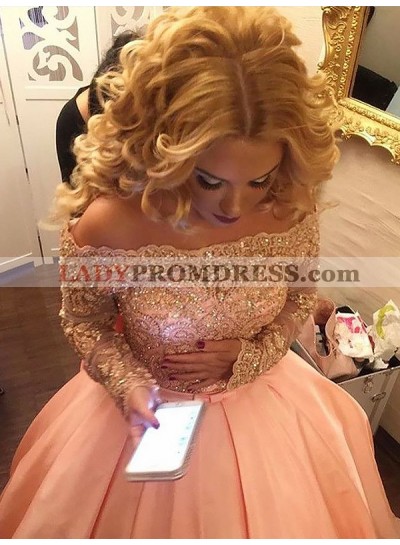 2023 Elegant Peach Satin Off Shoulder Long Sleeves Bowknot Ball Gown Prom Dresses