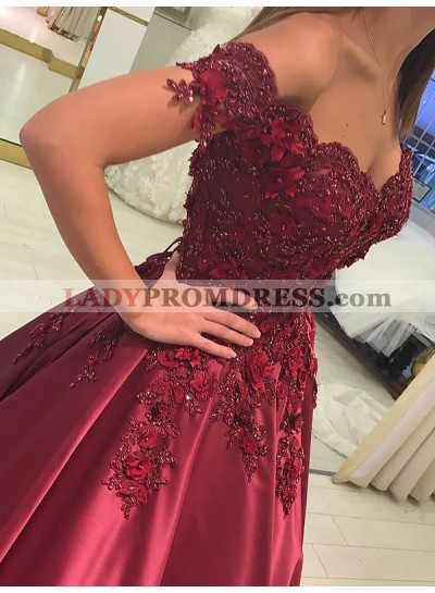 Elegant Off Shoulder Satin Sweetheart Short Sleeves Burgundy Ball Gown Prom Dresses With Appliques 2022