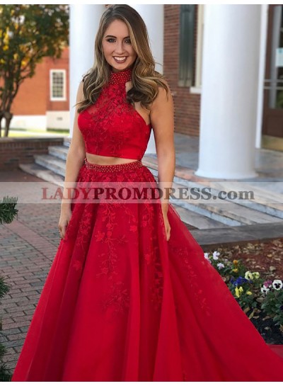 Charming A Line Red High Neck Two Pieces Tulle With Appliques Backless 2022 Long Prom Dresses