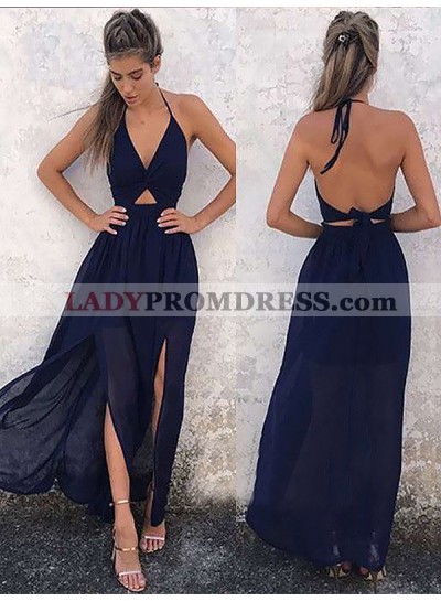 2023 Cheap A Line Chiffon Dark Navy V Neck Halter Backless Lace Up Back Prom Dresses