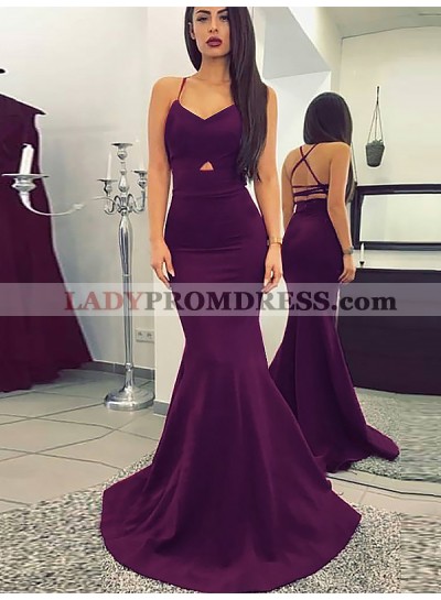 2022 Sexy Mermaid Grape Sweetheart Criss Cross Satin Backless Long Prom Dresses
