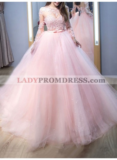 2023 Amazing Long Sleeves Tulle Pink See Through Ball Gown Prom Dresses With Appliques
