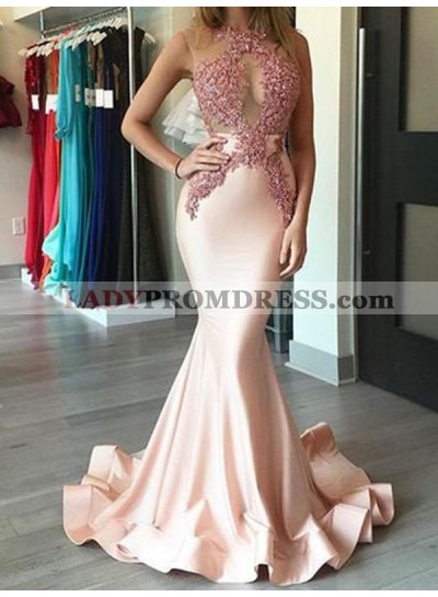 Mermaid Pearl Pink See Through Satin Appliques Long Prom Dresses 2023