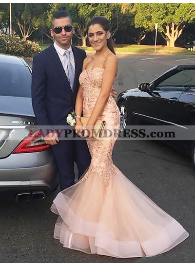 2023 New Designer Pearl Pink Tulle With Appliques Strapless Mermaid Prom Dresses
