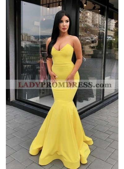 2023 Sexy Satin Mermaid Yellow Sweetheart Satin Prom Dresses