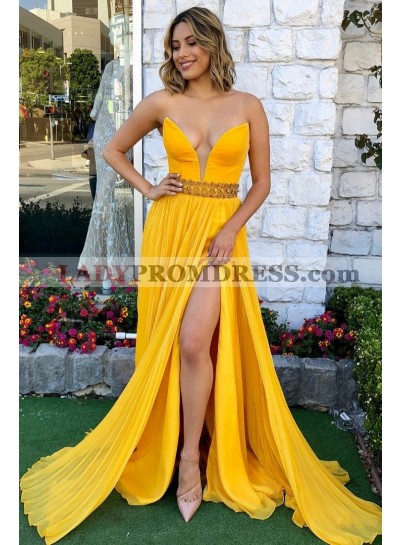 Charming A Line Chiffon Sweetheart Side Slit Strapless Yellow Cheap 2023 Prom Dresses