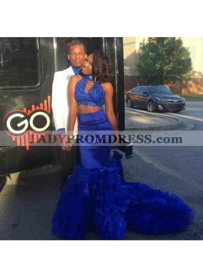 2022 Sexy Royal Blue Mermaid Long Train High Neck Key Hole Two Pieces African American Prom Dresses