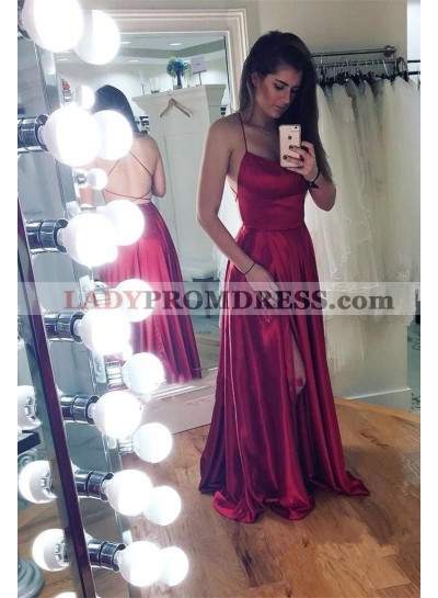 2023 Cheap A Line Backless Lace Up Back Burgundy Elastic Satin Side Slit Prom Dresses
