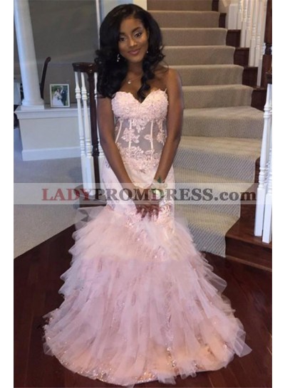 Cheap Pink Mermaid Sweetheart Strapless Ruffles Long 2023 African American Prom Dresses
