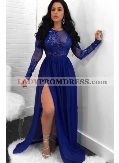 Charming A Line Side Slit Long Sleeves Chiffon Royal Blue See Through Prom Dresses 2023