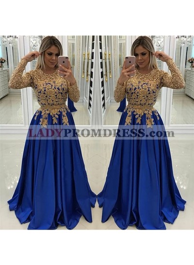 New Arrival A Line Satin Royal Blue and Gold Appliques Long Sleeves Prom Dresses 2023