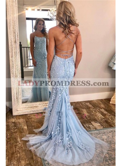 2023 Sexy Sheath Light Sky Blue and Appliques Lace Up Back Backless Tulle Long Prom Dresses