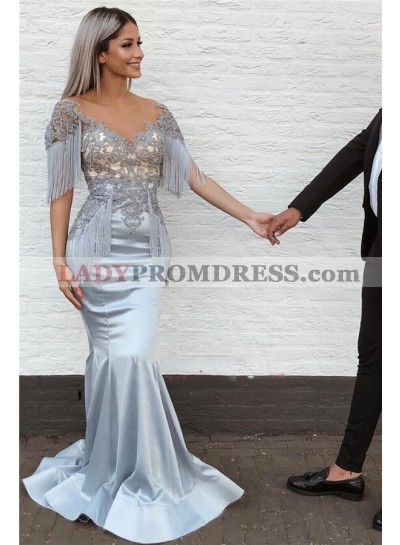 2023 New Designer Mermaid Satin Silver Sweetheart Tassel Short Sleeves Prom Dresses