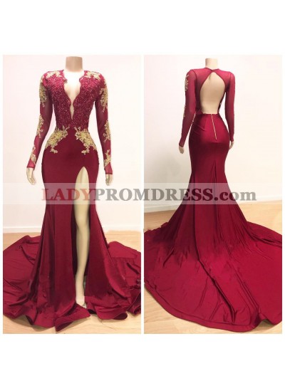 2023 Sexy Sheath Long Sleeves Burgundy and Gold Appliques Side Slit Deep V Neck African American Backless Prom Dresses