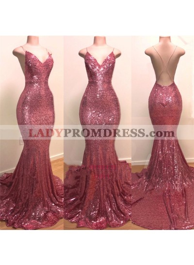 2022 Sexy Pink Sweetheart Backless Sequence Mermaid Prom Dresses