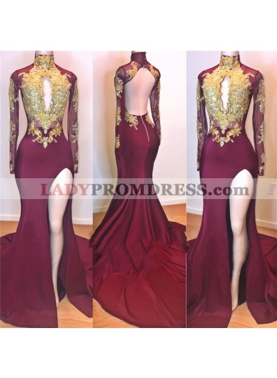 2023 Amazing Burgundy and Gold Appliques Long Sleeves High Neck Side Slit African American Prom Dresses