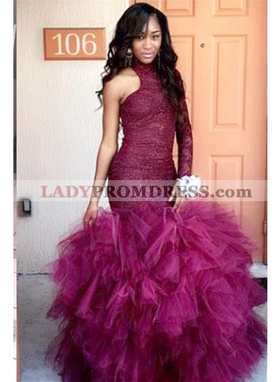 2023 Sexy Burgundy Beaded One Sleeve Mermaid High Neck Ruffles African American Prom Dresses
