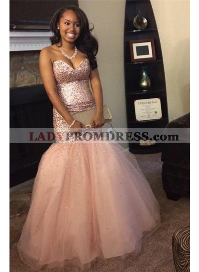 2023 Sexy Mermaid Sweetheart Peach Beaded Tulle African American Prom Dresses