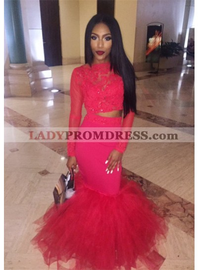 2023 Charming Red Mermaid Long Sleeves Two Pieces African American Prom Dresses