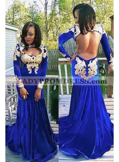 2022 New Arrival Royal Blue and Gold Mermaid Long Sleeves Velvet Backless African American Long Prom Dresses